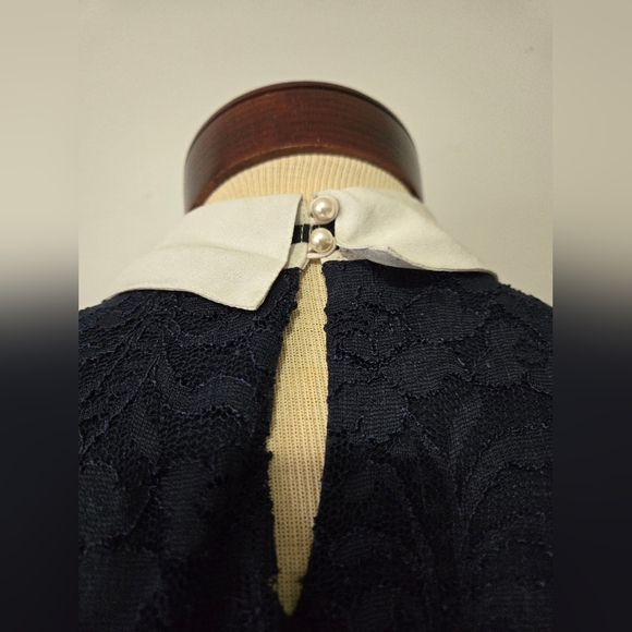 Karl Lagerfeld Navy Lace Top with White Collar. Size Small - Picture 5 of 12